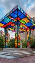 Colorful glass mosaic pavilion with sky reflecting on it.