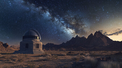 Obraz premium Majestic Observatory Under Milky Way Galaxy Night Sky Desert Mountains
