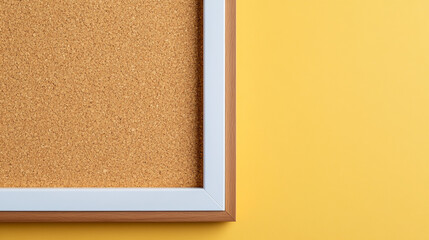Fototapeta premium Blank Corkboard Notice Board Wooden Frame Yellow Background Office Supplies Message Bo