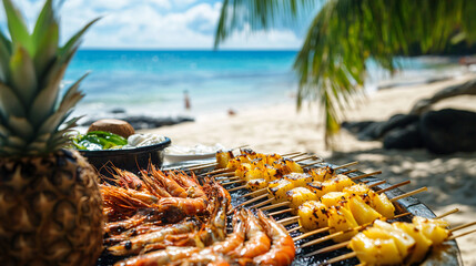 A tropical beach barbecue with coconuts, pineapple skewers, and fresh seafood.