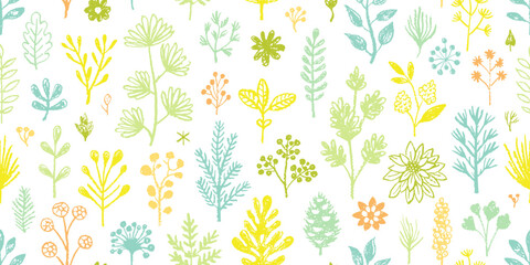 Floral pattern. Seamless spring flower crayon hand drawn abstract vector. Yellow brush background. Small pencil plant. Pastel pattern design. Organic floral illustration texture. Simple paint bloom bg