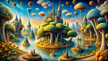 Fototapeta premium Surrealist landscape with whimsical trees, floating balloons, and colorful buildings