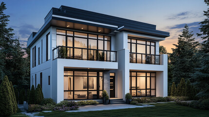 Fototapeta premium Modern Two Story House Exterior Night View Luxury Home Design Real Estate