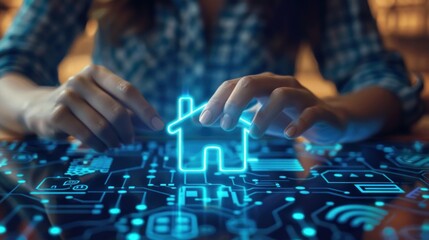Fototapeta premium A person interacts with a digital home icon on a futuristic interface, symbolizing smart technology.