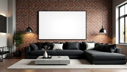 Mock up poster frame in industrial loft living room. Home interior design. Big white blank frame wall.