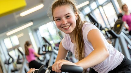 Fototapeta premium Young Woman Enjoys Cycling Workout in Modern Fitness Center