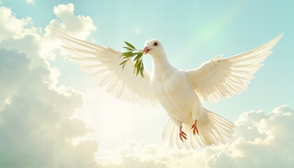 Obraz premium White dove of peace with olive branch in flight against soft clouds symbolizing peace