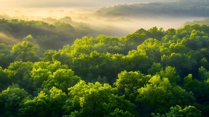Fototapeta premium Sunrise Mist Over Lush Green Forest