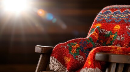 Obraz premium Cozy Red Knit Blanket Draped Over Wooden Chair in Soft Light