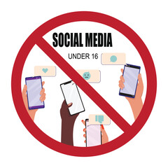 No social media sign with phones, speech bubbles, and law reference for teenagers under 16