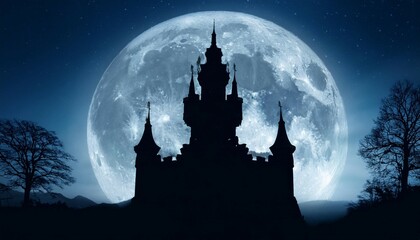 spooky castle silhouette against full moon at night