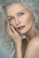 Fototapeta premium Confident middle-aged woman with flawless skin, natural makeup, gray hair, and a relaxed expression, symbolizing beauty, confidence, wellness, and self-care for mature women in lifestyle and skincare 