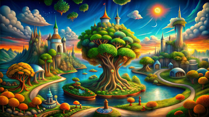 Obraz premium Surrealist landscape with vibrant trees, whimsical architecture, and a colorful sky