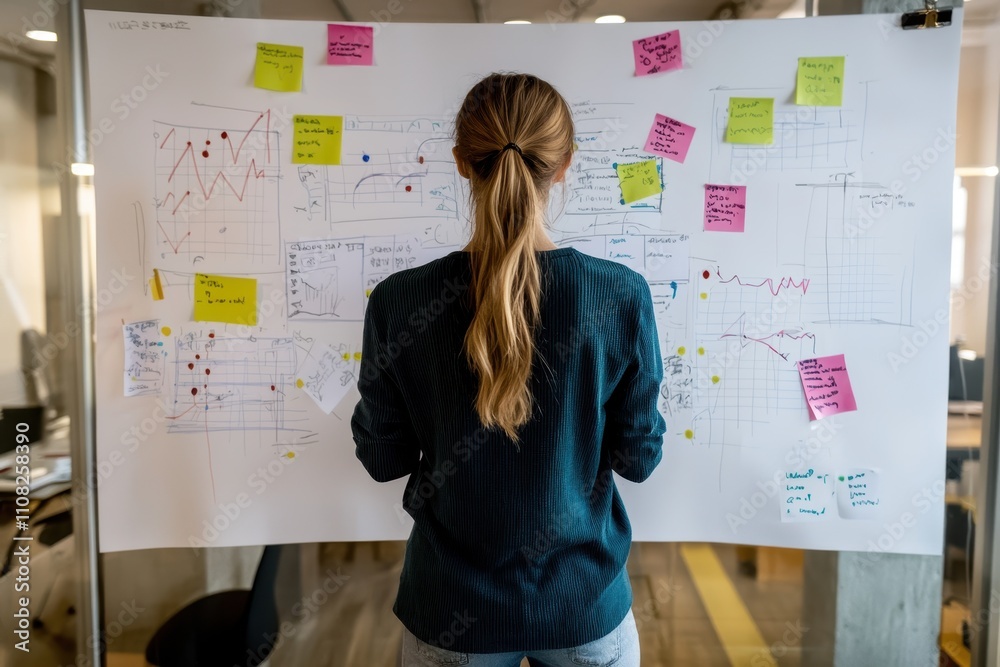 Poster woman analyzing data and strategies on whiteboard with sticky notes