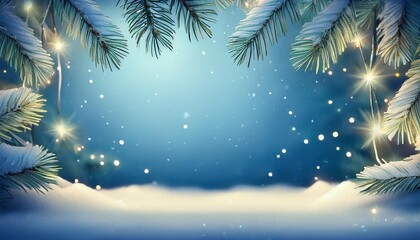 snow covered pine branches and glowing lights forming a frame on a starry soft blue background