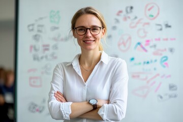 Confident professional woman smiling in modern office environment