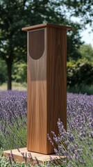 Tall wooden speaker in a lavender field.