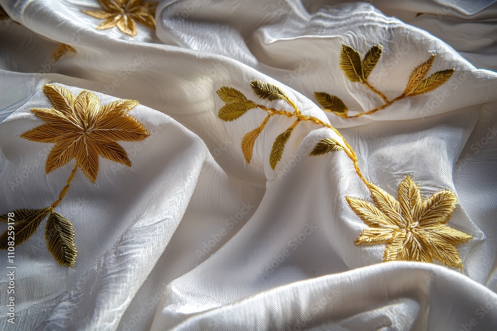 Poster elegant embroidered fabric with golden leaf patterns and texture