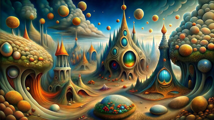 Obraz premium Surrealist landscape featuring colorful structures, floating spheres, and whimsical elements