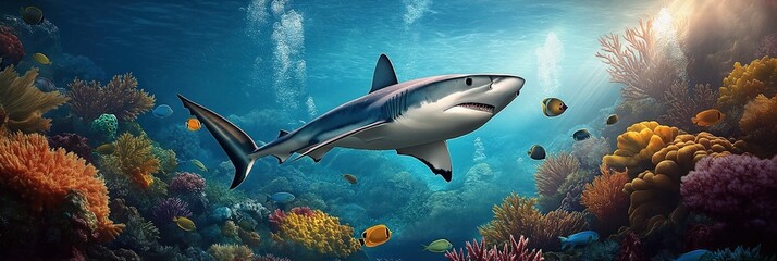 Obraz premium Shark swims in vibrant coral reef underwater scene. Fish swim among colorful corals. Sunlight penetrates water. Ocean depths portrayed. Underwater world displayed. Marine life thrives in colorful sea.