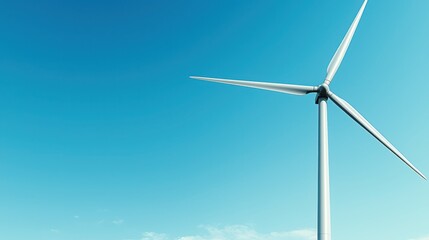 Obraz premium Sharp, detailed shot of a lone wind turbine against blue sky, symbolizing clean energy and modern simplicity. 