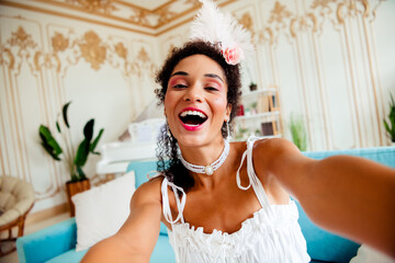 Young woman in elegant white attire enjoying a moment at home, capturing a blend of vintage charm...