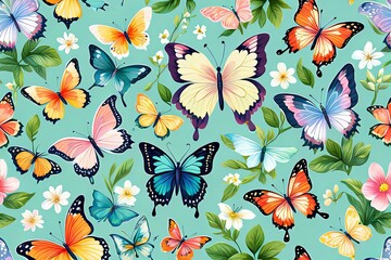 Vibrant butterflies elegantly floating among colorful flowers, lush green foliage, creating lively, cheerful atmosphere.Perfect for nature-themed project, floral design, greeting card, digital design.