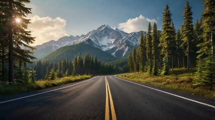 A paved road passing through dense forest with mountains in the background 