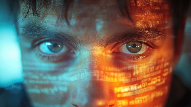 A striking close-up photograph features a person with data projections on their face, symbolizing the fusion of technology and human identity in a digital age