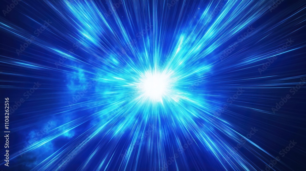 Poster Dynamic blue light burst radiates outwards. Energy, power emanate from central point. Abstract design evokes universe explosion. Creative abstract visual. Ideal for tech backgrounds sci-fi themes.