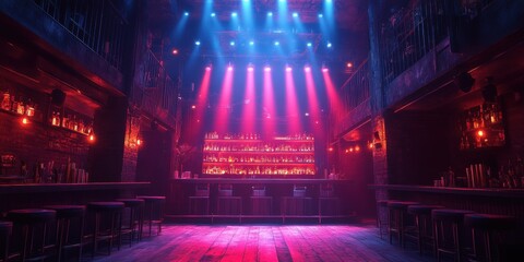 An atmospheric nightclub interior with vibrant lighting featuring red and blue spotlights illuminating the empty bar and seating area creating an inviting ambiance