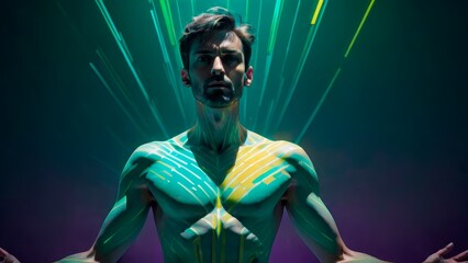 Radiant figure illuminated by neon green and yellow streaks, exuding energy and power against a dark background.