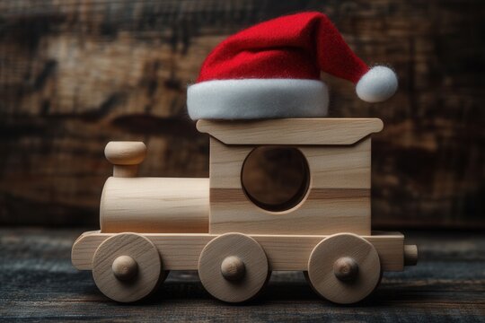 Rustic wooden background featuring a Santa hat-clad Christmas train toy