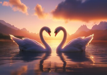 Obraz premium Majestic Swans Forming a Heart at Sunset Over Serene Mountain Lake