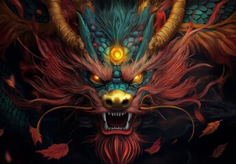 Majestic Digital Painting of a Mythical Chinese Dragon with Fiery Mane and Teal Scales,Detailed Horns and Glowing Eyes