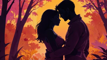 Romantic silhouette of a couple embracing at sunset, framed by vibrant autumn trees.