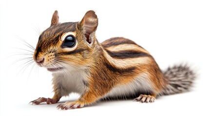 Fototapeta premium A close-up photograph of a chipmunk with vivid stripes, showcasing its large eyes and intricate fur pattern while it stands facing forward