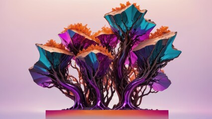 Futuristic crystal trees with vibrant orange foliage and metallic purple-blue trunks on a gradient pastel background.