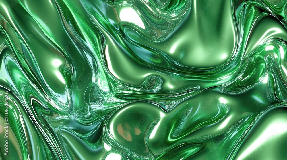 Aufkleber Abstract image with liquid green metal chrome autostereogram optical effect. Fluid shapes, colors create trippy visual. Design suitable for tech design projects. Futuristic, unique style. Good for
