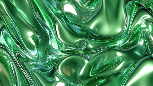 Abstract image with liquid green metal chrome autostereogram optical effect. Fluid shapes, colors create trippy visual. Design suitable for tech design projects. Futuristic, unique style. Good for