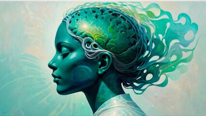 Harmonic profile of a woman with flowing teal and green accents, representing the fusion of nature and the mind in an abstract, ethereal design.