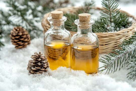 A wicker basket brimming with pine essential oil, adorned with pine cones and branches.
