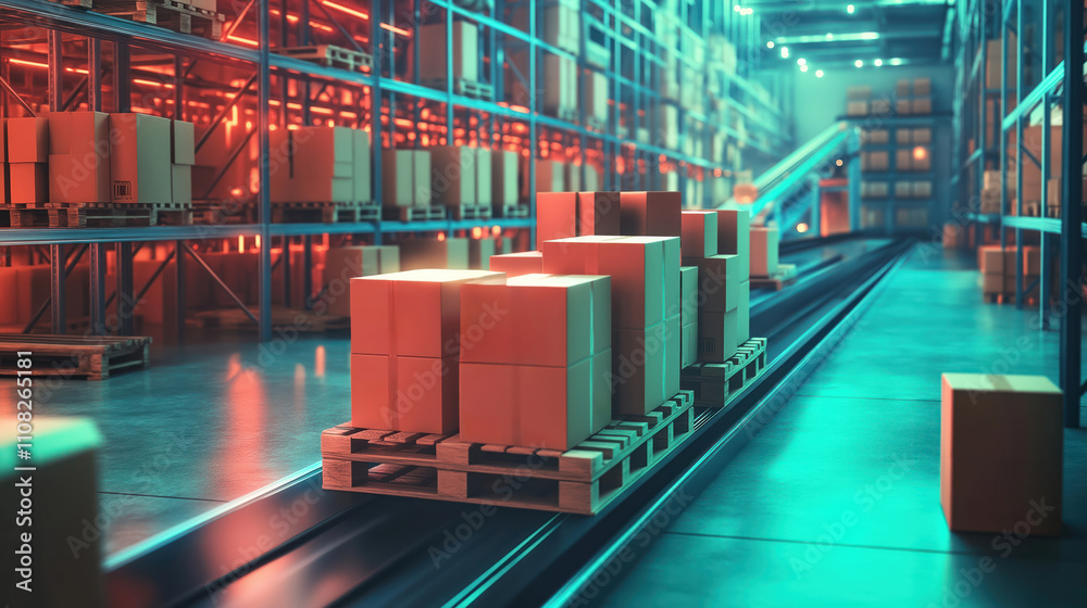 Poster modern warehouse with colorful lighting. boxes on pallets move along conveyor belt. many boxes stack
