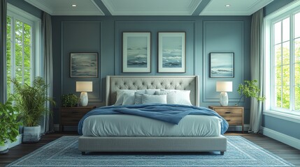 Elegant bedroom interior design featuring a luxurious bed with plush bedding, surrounded by tasteful decor and large windows letting in natural light