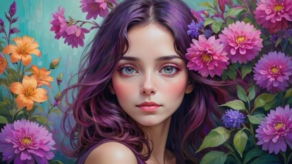 Naklejka premium Portrait of a young woman surrounded by vibrant flowers in shades of pink, purple, and orange.