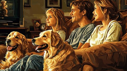 Plakat Happy family with two golden retrievers watching TV.