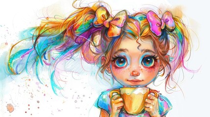 Fototapeta premium Cute little girl with bows holding a coffee cup