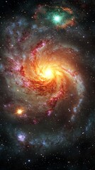 Fototapeta premium A stunning cosmic swirl of colors depicted in a vibrant galaxy, radiating bright orange, purple, and green hues.