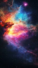 Naklejka premium A vibrant cosmic nebula showcasing swirling colors of blue, orange, pink, and purple against a backdrop of stars.