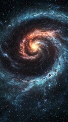 A vibrant spiral galaxy showcasing a stunning blend of blues, purples, and fiery oranges in space.